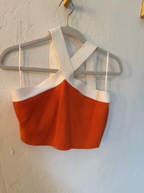 Anthropologie Crossover Strap Ribbed Crop Top in Orange and Cream